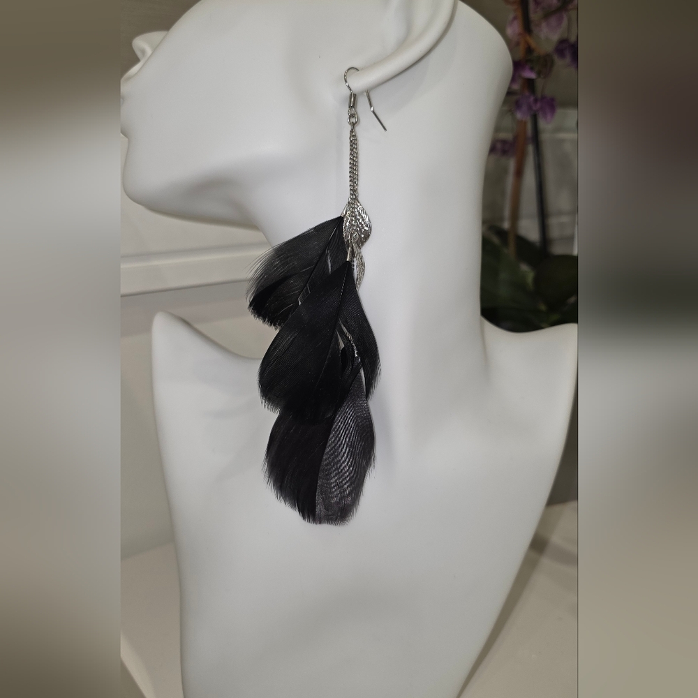 H&M Silver and Black Feather Drop Earrings